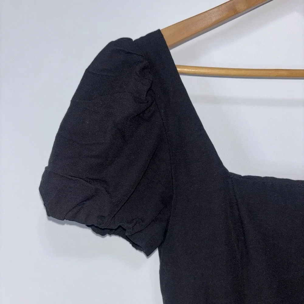 Zara Square Neck Puff Sleeve Lace Up Open Back Babydoll Mini Dress Black Medium